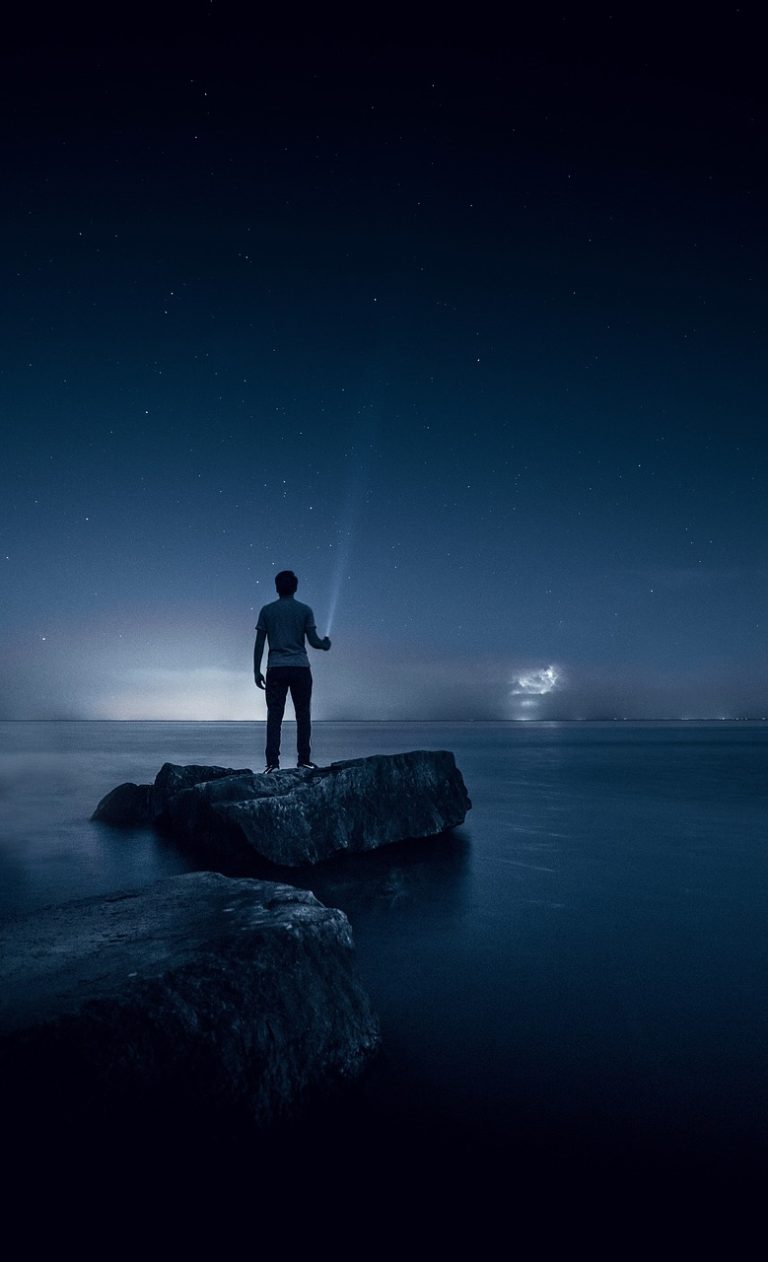 Home sea, ocean, water, nature, night, sky, stars, rocks, night sky, people, man, alone, blue alone, blue stars, blue night, blue rock